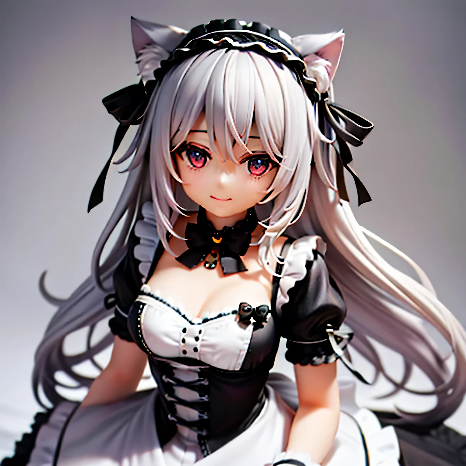 Black Hair , Gray Hair, hair ribbon, Maid Headdress, Blindfold, jewelry , cat ears, smile, , Surrealism, Character Chart, blend, 8k, Super detailed, Ultra-high resolution, masterpiece