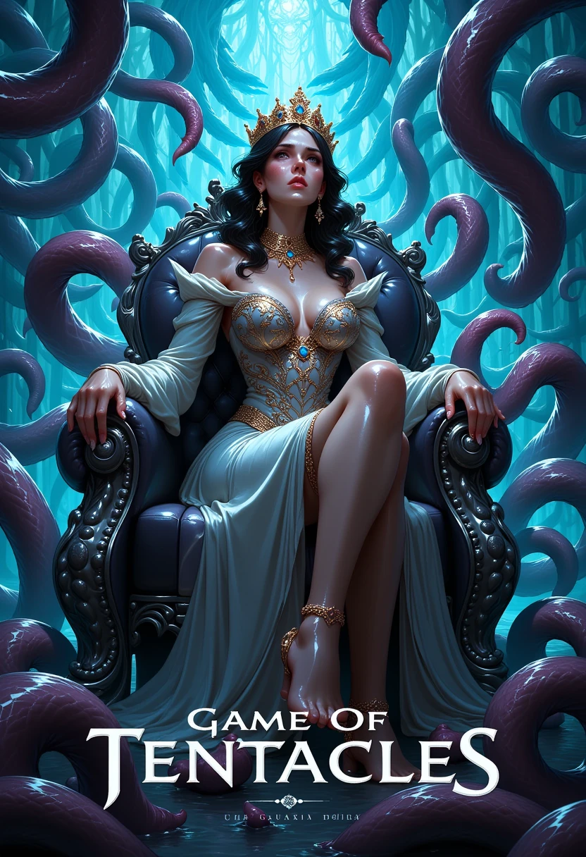 Woman, queen, royal dress, jewellery, crown, throne of tentacles, blue glowing tentacles, throne made of tentacles, text similar to movie poster "GAME OF TENTACLES"