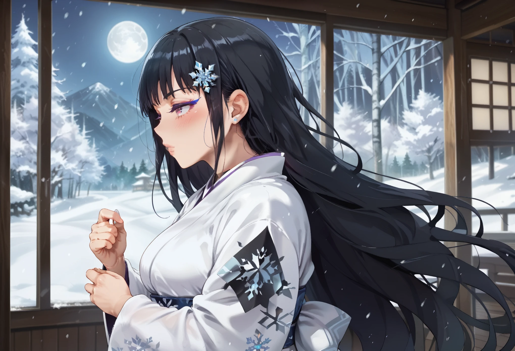 1girl, dynamic pose, upper body, close-up, solo, Yuki-onna, very long hair, black hair, straight hair, sidelocks, hair ornament, light purple eyes, colored eyelashes, pure white skin, blush, large breasts, makeup, white kimono, (snowflake print), light blue obi, furisode, wide sleeves, jewelry, snowy mountain, forest, snowing, full moon , inside, in a laundryroom, from side