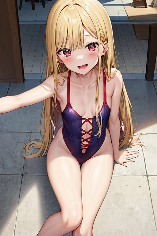 ((Best Quality)), ((masterpiece)), (be familiar with), Perfect Face, indoor, bedroom, Watching the audience,
One woman, Kitagawa Marin,
Open Mouth, Ecstatic expression, blush, smile,
Small breasts,  flat chest, , , , Girl,
Long Hair, Long Hair,
Leg spread,