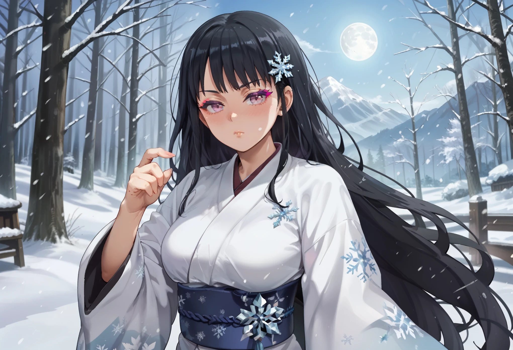 1girl, dynamic pose, upper body, close-up, solo, Yuki-onna, very long hair, black hair, straight hair, sidelocks, hair ornament, light purple eyes, colored eyelashes, pure white skin, blush, large breasts, makeup, white kimono, (snowflake print), light blue obi, furisode, wide sleeves, jewelry, snowy mountain, forest, snowing, full moon , inside, in a laundryroom, 