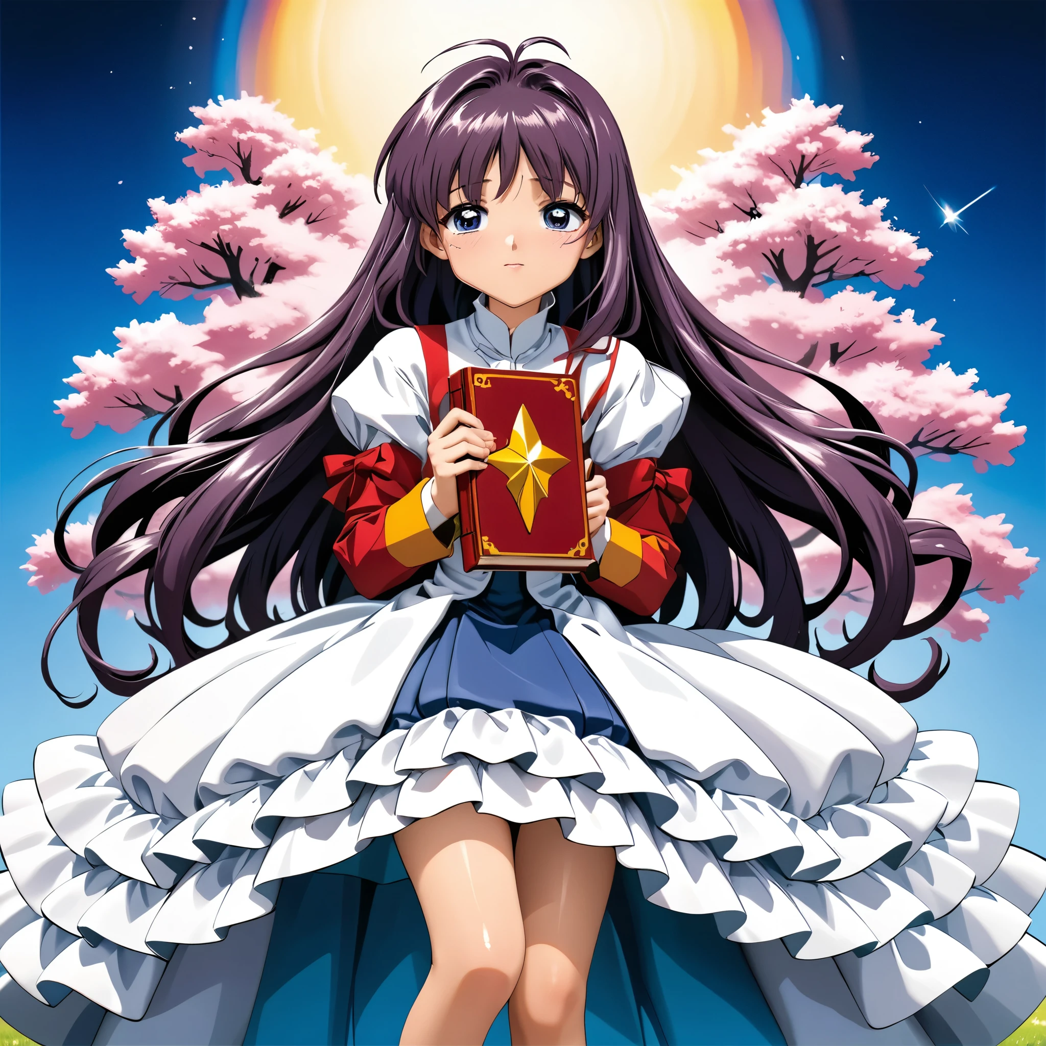 Masterpiece, 4k, HDR, full HD, (best quality), (ultra detailed), (only), (extremely delicate and beautiful fabric), super complex ANIME TYPE, best quality, 1girl, very expressive eyes, deep purple hair , hyper beautiful face, purple hair, perfect anatomy, shiny, oily skin, full body, alone (shiny purple hair, long hair), looking at viewer, bright blue eyes, perfect hands, perfect legs, super detailed clothes, intricate clothes, Imagine a vibrant scene in a park during spring, where a young girl named Sakura is wearing a colorful dress similar to the one worn by the protagonist of 'Card Captor Sakura'. The dress is a bright shade of pink, adorned with bows and ruffles that reflect her playful personality. Her long, straight hair is tied with colorful ribbons, while her eyes sparkle with excitement as she holds a spell book in one hand and a magic wand in the other. Around her, cherry blossoms fall gently , creating a magical atmosphere. Describe her expression, the environment and how she interacts with the mystical elements that surround her, evoking the essence of the series and its adventurous spirit.