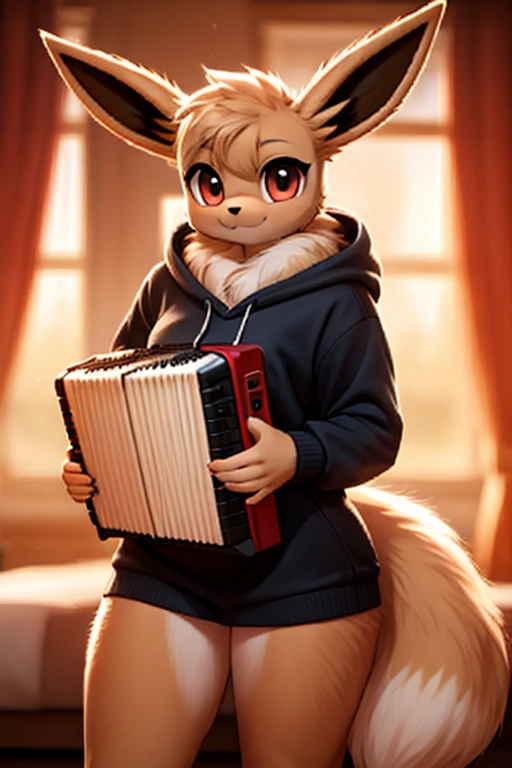 musician girl, looking at viewer, eevee, morning bedroom background, pokemon girl in a hoody holding the medium accordion, accordion (musical instrument)