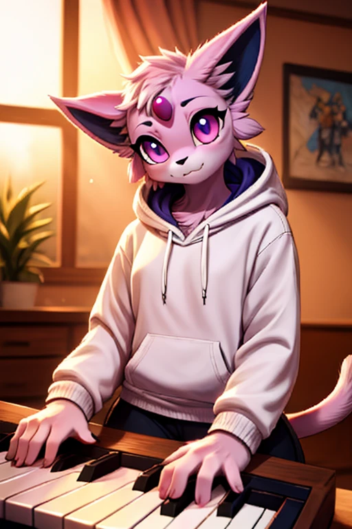 musician girl, looking at viewer, espeon, morning bedroom background, pokemon girl in a hoody holding the musical keyboard, synthesizer (musical instrument)