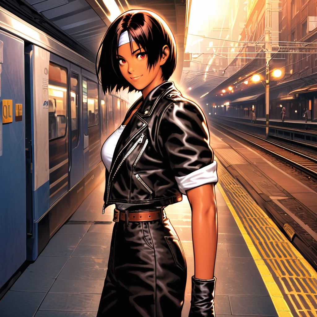 Masterpiece, Best Quality, High Resolution, Highly Detailed, Detail Background , Film Lighting, One Woman, Smiling, Gazing at viewer, short cut, slightly larger bust, short cut, red eyes, dark skin tone, black hair , (( black leather jacket with rolled up sleeves )), Fingerless Gloves, White T-Shirt, ((White Headband)), Black Pants, White Shoes, Brown Belt, standing, Full Body, Sunlight, Waiting Train, Station, Standing On Platform , City Girl