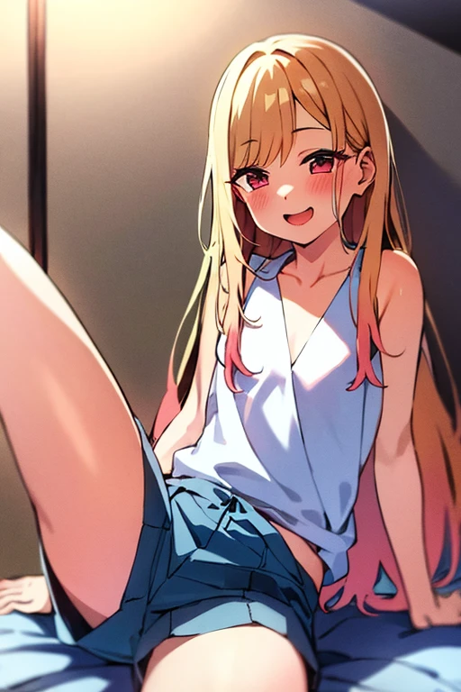 ((Best Quality)), ((masterpiece)), (be familiar with), Perfect Face, indoor, bedroom, Watching the audience,
One woman, Kitagawa Marin,
Open Mouth, Ecstatic expression, blush, smile,
Small breasts,  flat chest, , , , Girl,
Long Hair, Long Hair,
Leg spread,