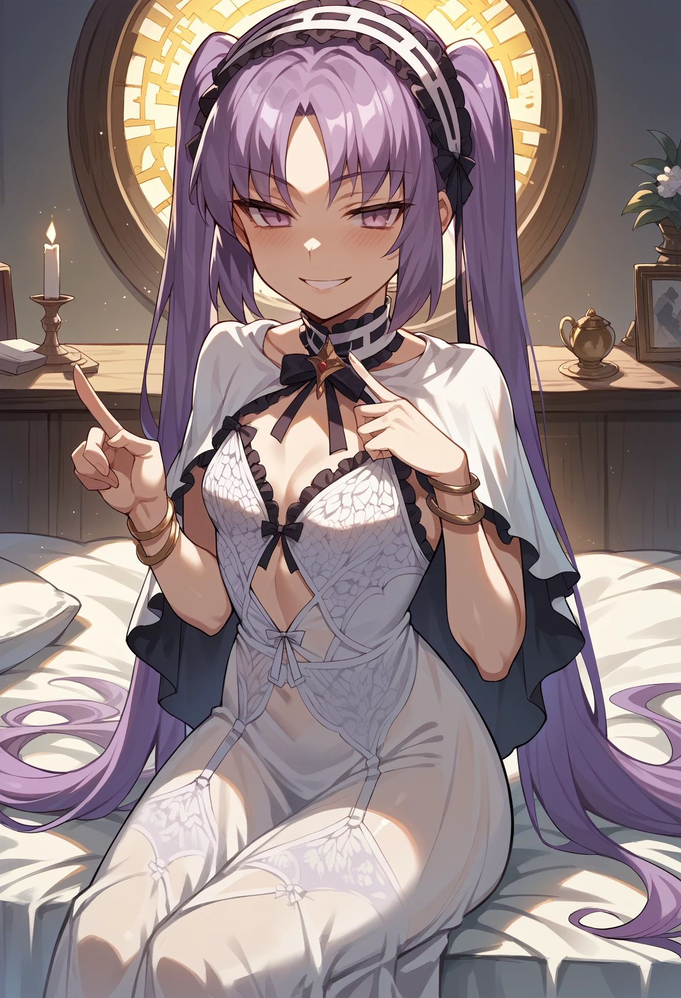 1girl, small breasts, twintails, long hair, purple hair, purple eyes, white headdress, long dress, detached collar, capelet, jewelry, see-through, lingerie, proud, half-closed eyes, evil smile, sitting, pointing to the viewer, indoors, bedroom  score_9, score_8_up, score_7_up, score_6_up, score_5_up, score_4_up, (m-da s-tarou:0), masterpiece