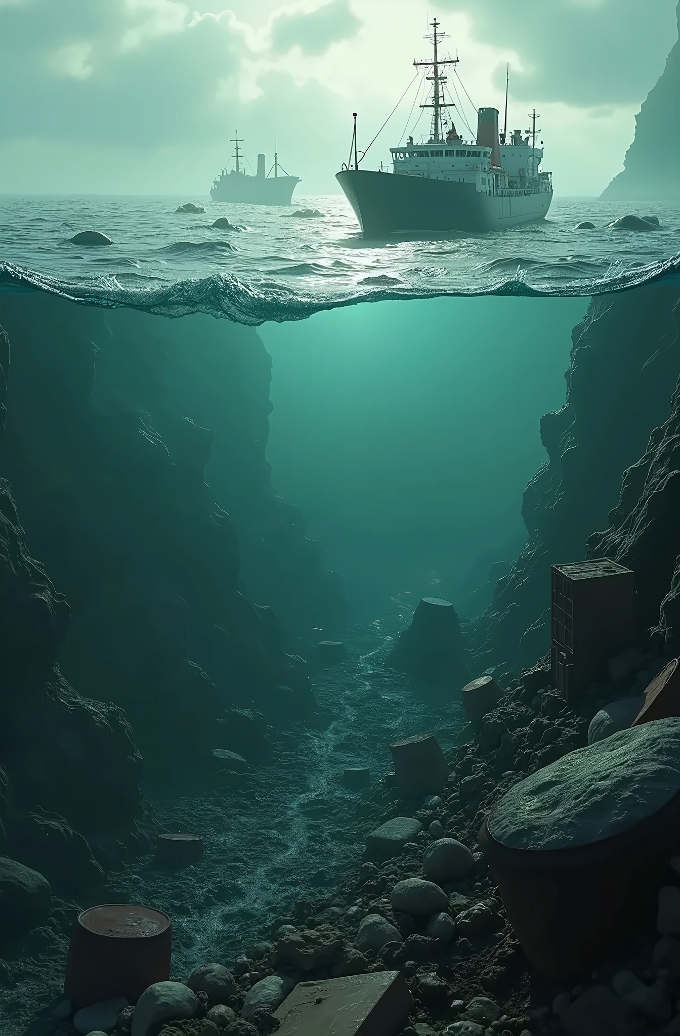 (Masterpiece, Best Quality:1.3), highres, (8k resolution), (ultra-detailed:1.1), madgod, stop motion, very nice half naked blond girl with enormous breasts is diving to the bottom of the ocean to explore a shipwreck while a shark is swimming around her. She is wearing diving gear on her naked body and the straps are covering her nipples. photorealistic 1.4, naughty 1.4, dirty 1.2