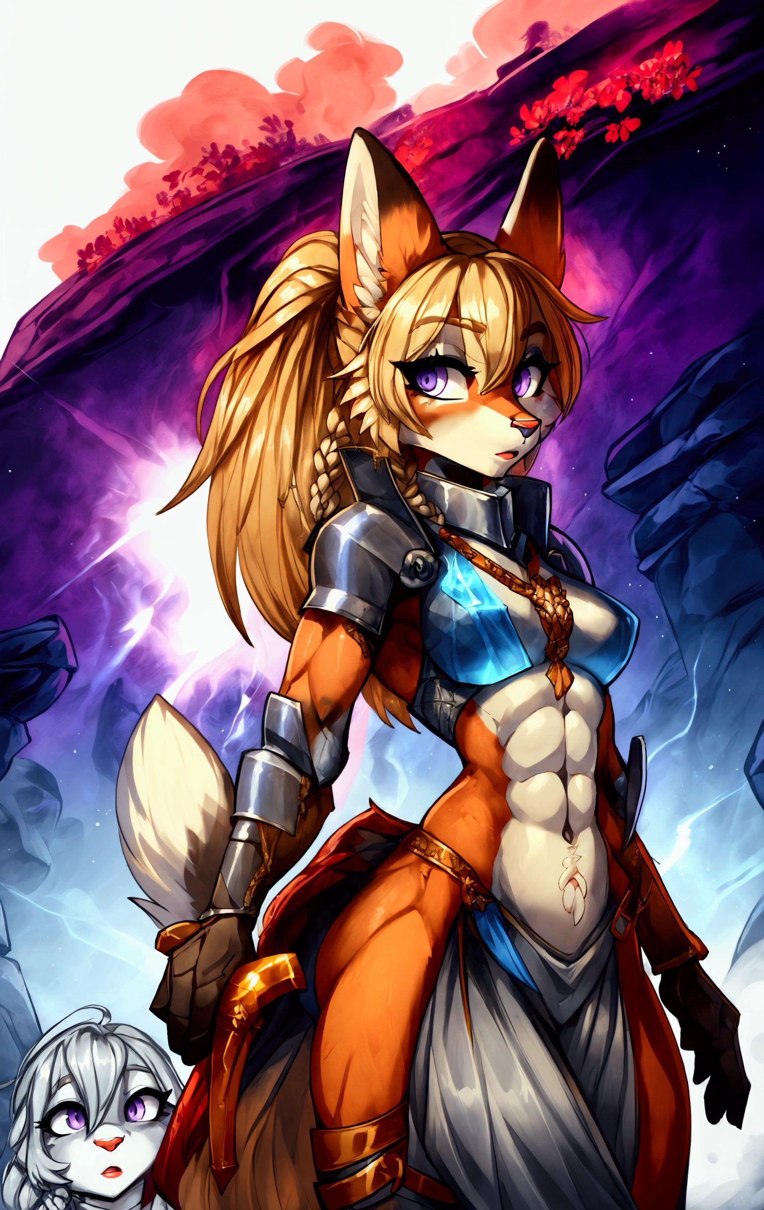 Anthropomorphic fox, female, knight armor, long flowing flowery braided blonde hairstyle, wielding a longsword ready for combat, vibrant colors, fantasy battlefield background, muscular, well-toned abs, sexy,