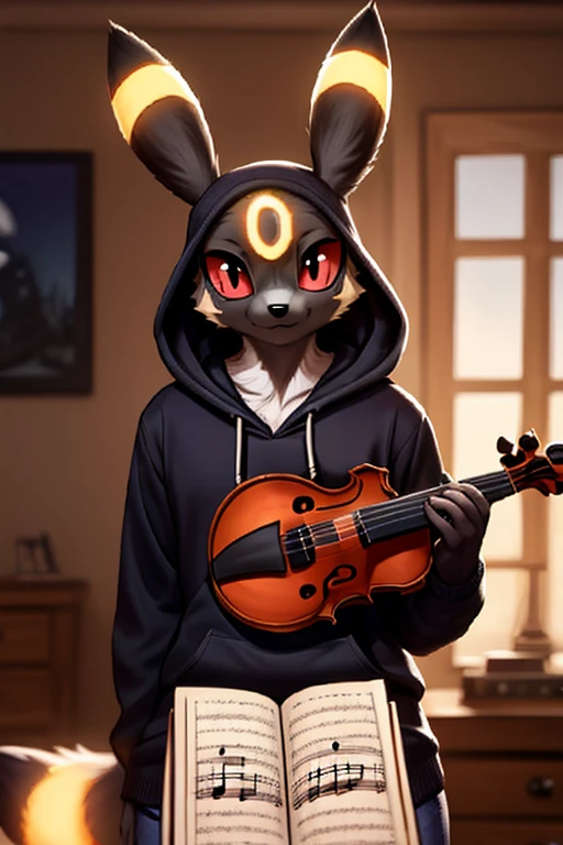 musician girl, looking at viewer, umbreon, morning bedroom background, pokemon girl in a hoody holding the violin, violin (musical instrument)