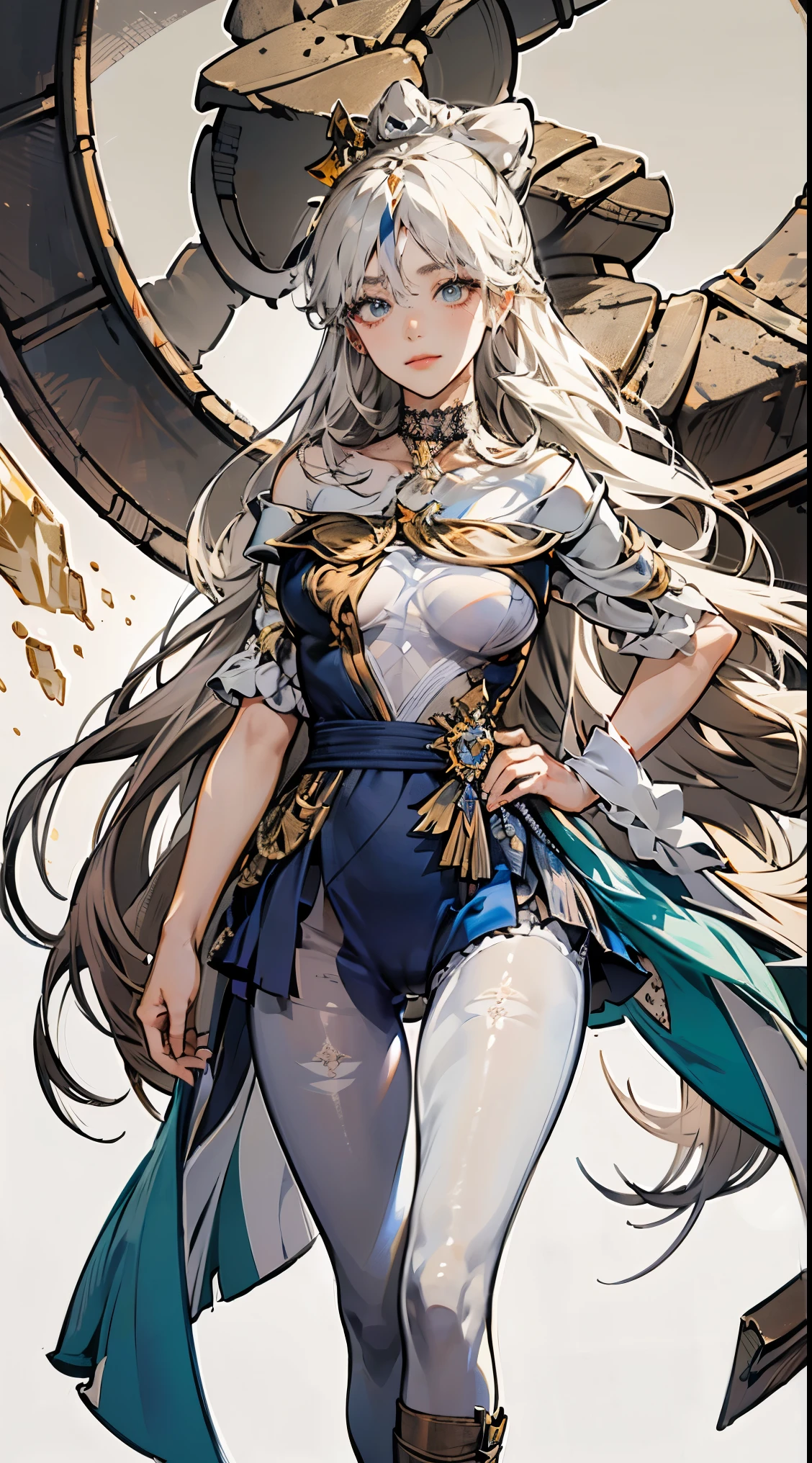 (geometric:1.1), ((1 anime girl, amazing, cute girl)), (Masterpiece, Best quality, Beautiful and aesthetic:1.2),((Ultra-high resolution, Golden ratio)), (Physically-based rendering), Sharp focus, (((high detail skin))), Intricately detailed clothing, Delicate pupils, Danfeng Eye,((((multicolor hair, detailed hair, long hair)))), Slender, ((extremely_Detailed_eyes_and_face)), long eyelash, (masterpiece side lighting), (Dynamic configuration: 1.2), dynamic pose, Perfect Anatomy, Eyeliner, nsfw, sharp eyes, choker, light smile, hair adornments, fit thighs, thigh gap, stylish, mature, r, medium breast, wearing long brown leggings with black details, tight white sweate, complex lace boots, side-lighting, gothic aesthetic, transparent, Lace, Fishnet lingerie and stockings.