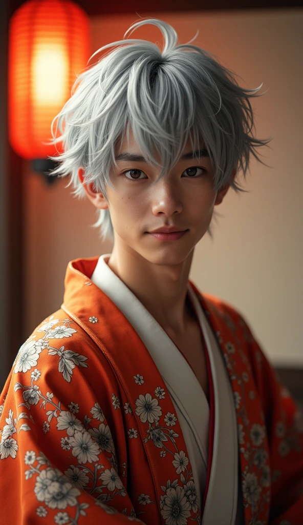 3d, 1boy, 10yo, looking at viewer, cute, 8k, best defention,white hair, spiky hair, light blue eyes, home muji style, japanese traditional style yukata