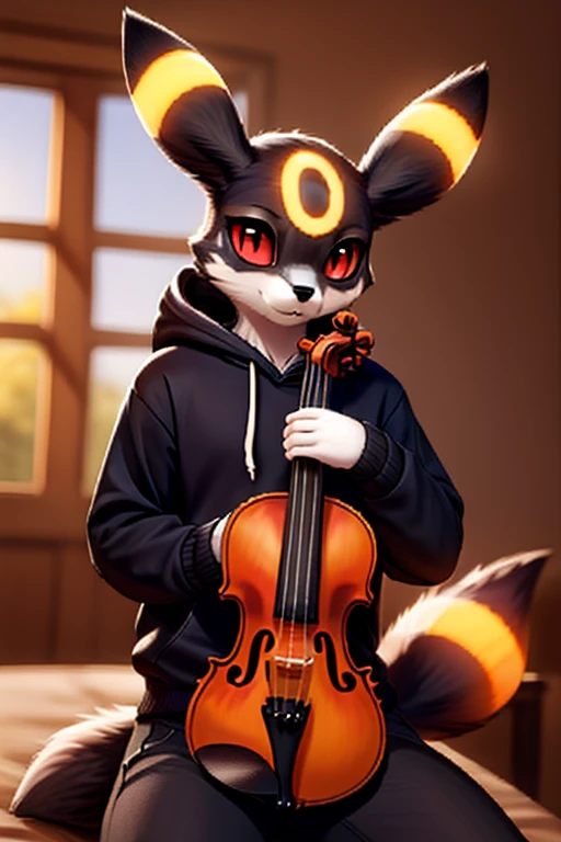 musician girl, looking at viewer, umbreon, morning bedroom background, pokemon girl in a hoody playing on the violin, violin (musical instrument)