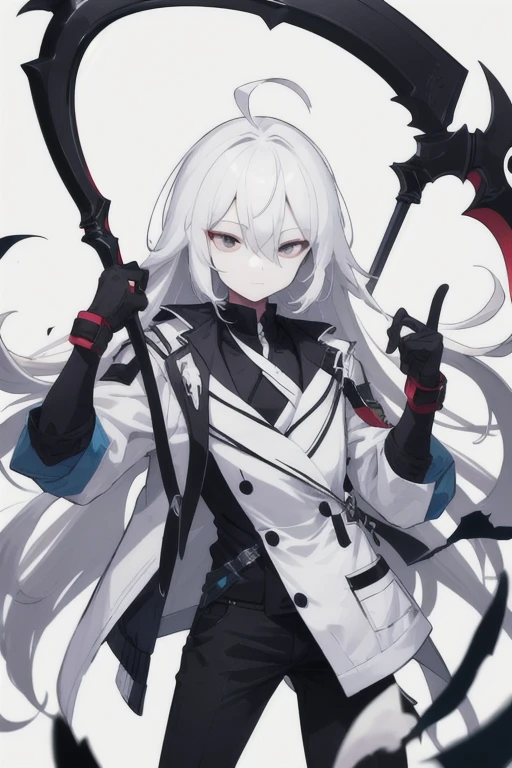  1male, solo, bigchest, feminine, white skin, white eyes, black sclera, ahoge, absurdly long hair, white hair, expressionless, white gauntlets, Holding Scythe, black scythe, inky scythe, hair over eyes, hair between eyes, (white jacket:1.1), Electric, energetic, mystical, playful, cute, dangerous, godlike, cute, chaotic