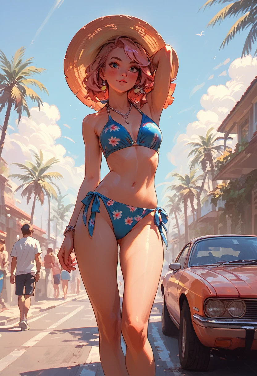 A woman standing on street, blue bikinis with floral pattern, bright pink color sky, palm trees, poster style, pink and orange sky, sun set