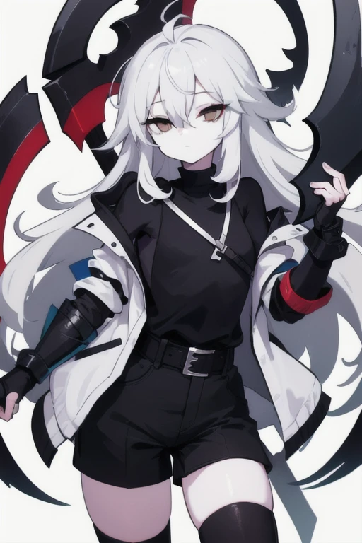  1male, solo, bigchest, feminine, white skin, white eyes, black sclera, ahoge, absurdly long hair, white hair, expressionless, white gauntlets, Holding Scythe, black scythe, inky scythe, hair over eyes, hair between eyes, (white jacket:1.1), Electric, energetic, mystical, playful, cute, dangerous, godlike, cute, chaotic