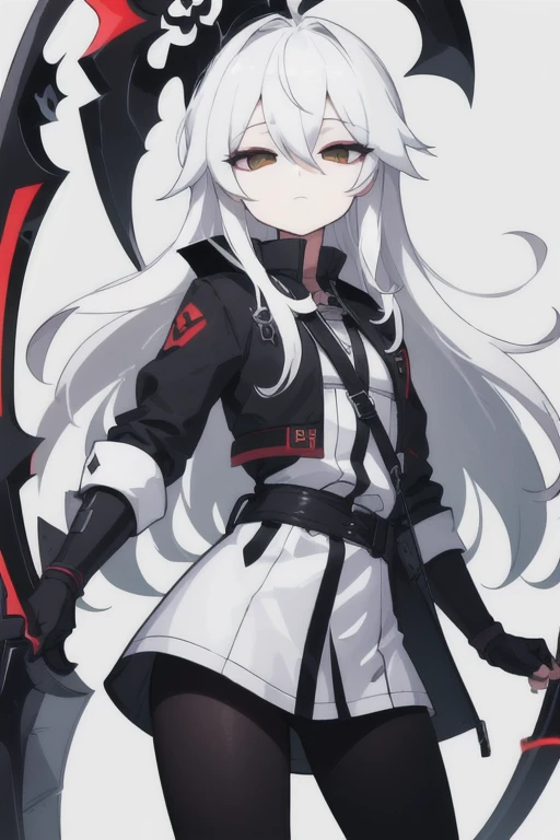  1male, solo, bigchest, feminine, white skin, white eyes, black sclera, ahoge, absurdly long hair, white hair, expressionless, white gauntlets, Holding Scythe, black scythe, inky scythe, hair over eyes, hair between eyes, (white jacket:1.1), Electric, energetic, mystical, playful, cute, dangerous, godlike, cute, chaotic