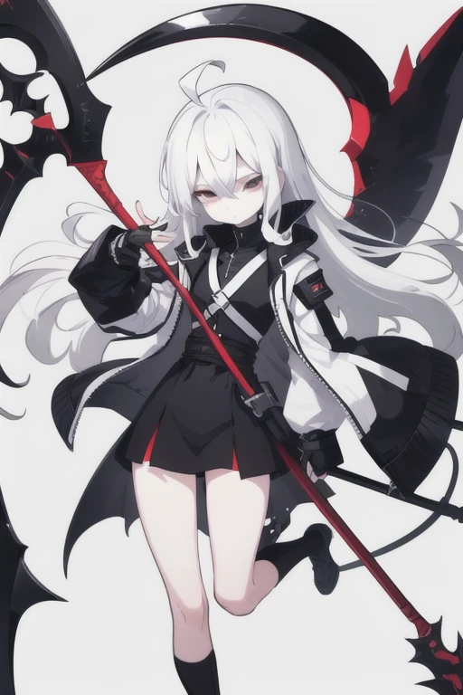  1male, solo, bigchest, feminine, white skin, white eyes, black sclera, ahoge, absurdly long hair, white hair, expressionless, white gauntlets, Holding Scythe, black scythe, inky scythe, hair over eyes, hair between eyes, (white jacket:1.1), Electric, energetic, mystical, playful, cute, dangerous, godlike, cute, chaotic