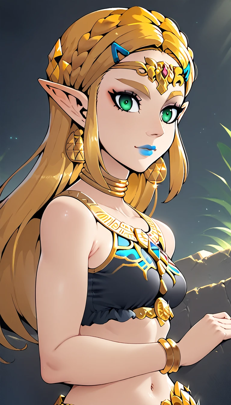 score_9, score_8_up, score_7_up, score_6_up, geewhy_style, princess Zelda,
1girl, solo, looking at viewer, jewelry, gold, long hair, green eyes, blonde hair, pointy ears, light-skinned female, makeup, lipstick,  neck ring, blue lips, breasts, bare shoulders,  crop top
cowboy shot, dutch angle, light smile, 
