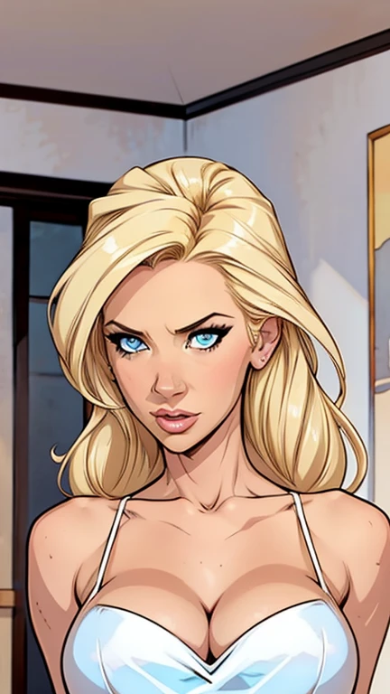 Thin woman, elegant white dress, blonde hair, Blue eyes, busty. comic style. 