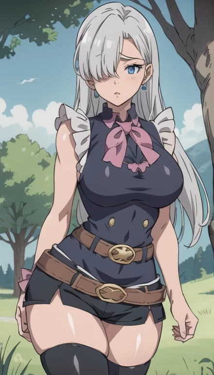 Silver hair, blue eyes, light skin, maiden uniform, pink ruffled sleeveless blouse with blue bow, black shorts with belt and buckle, thigh-high black stocking on right leg, turquoise earrings, hand touching blue bow, (covered eye by hair:1.5), Elizabeth, forest, grass, tree, huge breasts