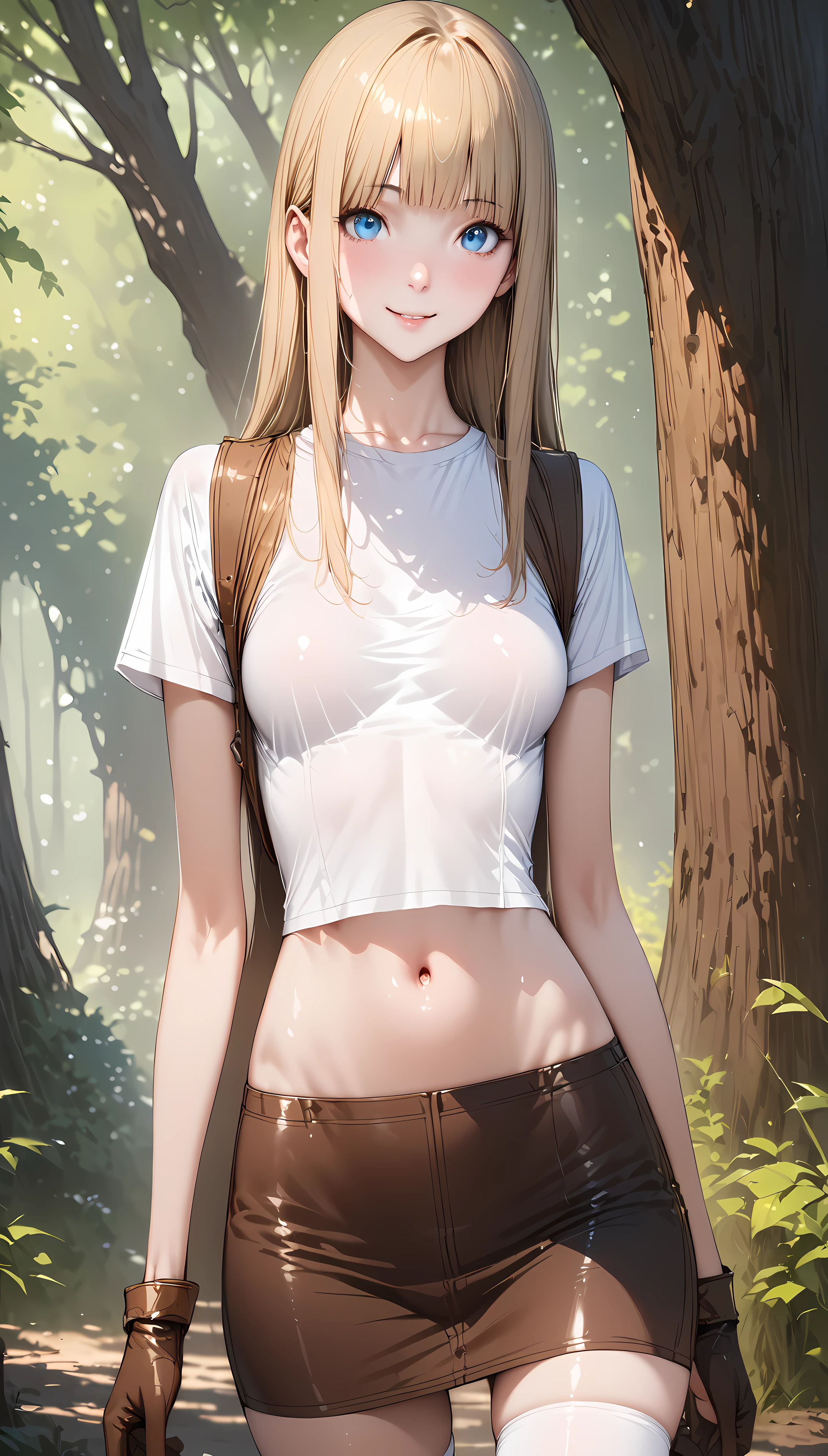 ((masterpiece,Best Quality:1.3,best quality illustrations)),((realistic)),portrait,cowboy shot,1 woman,Female Hunter 、young adult,straight long hair,(Beige hair),(very small head:1.1),bangs,blue eyes,(gorgeous big eyes),smile,very long body,medium breasts,(White T-shirt、Short sleeve、beige leather vest,navel、brown miniskirt), Brown Leather Glove ,white_thighhighs,slender body,toned body,shiny skin,standing,forest、Large tree、 Fantasy World ,