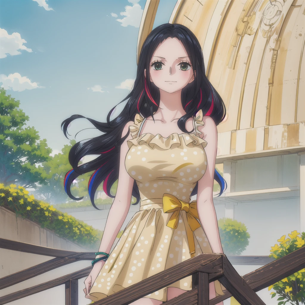 1 girl,  high resolution , long hair, Blush, Rice, black hair, brilliance, Action painting,  Anatomically correct , HD model, yellow dress,  strap dress, polka dot dress, dress with side slit, Underwear, gray eyes, light skin, shiny hair, wavy hair, hair in the wind, big breasts, Shame on the nose, happy/happy, Multi-colored hair, Raising eyebrows, bright eyes, sparkling pupils, Perspective, Vanishing point, simple background, Verdant skyline, garden, Alone, silhouette, Tachi-e, swordsman