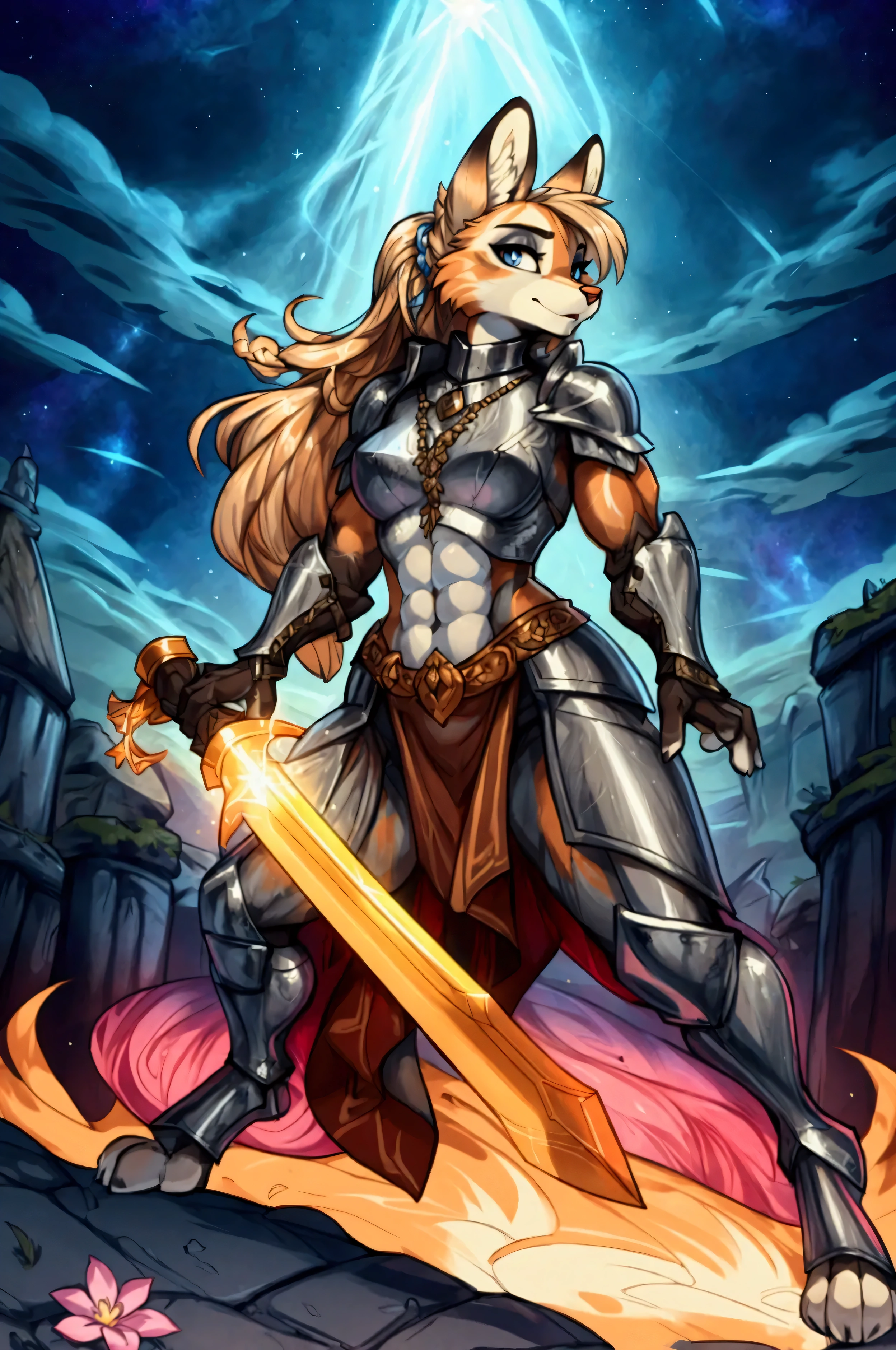 Anthropomorphic fox, female, knight armor, long flowing flowery braided brunette hairstyle, wielding a sword, fine star fighting stance, vibrant colors, fantasy battlefield background, muscular, well-toned abs, sexy,