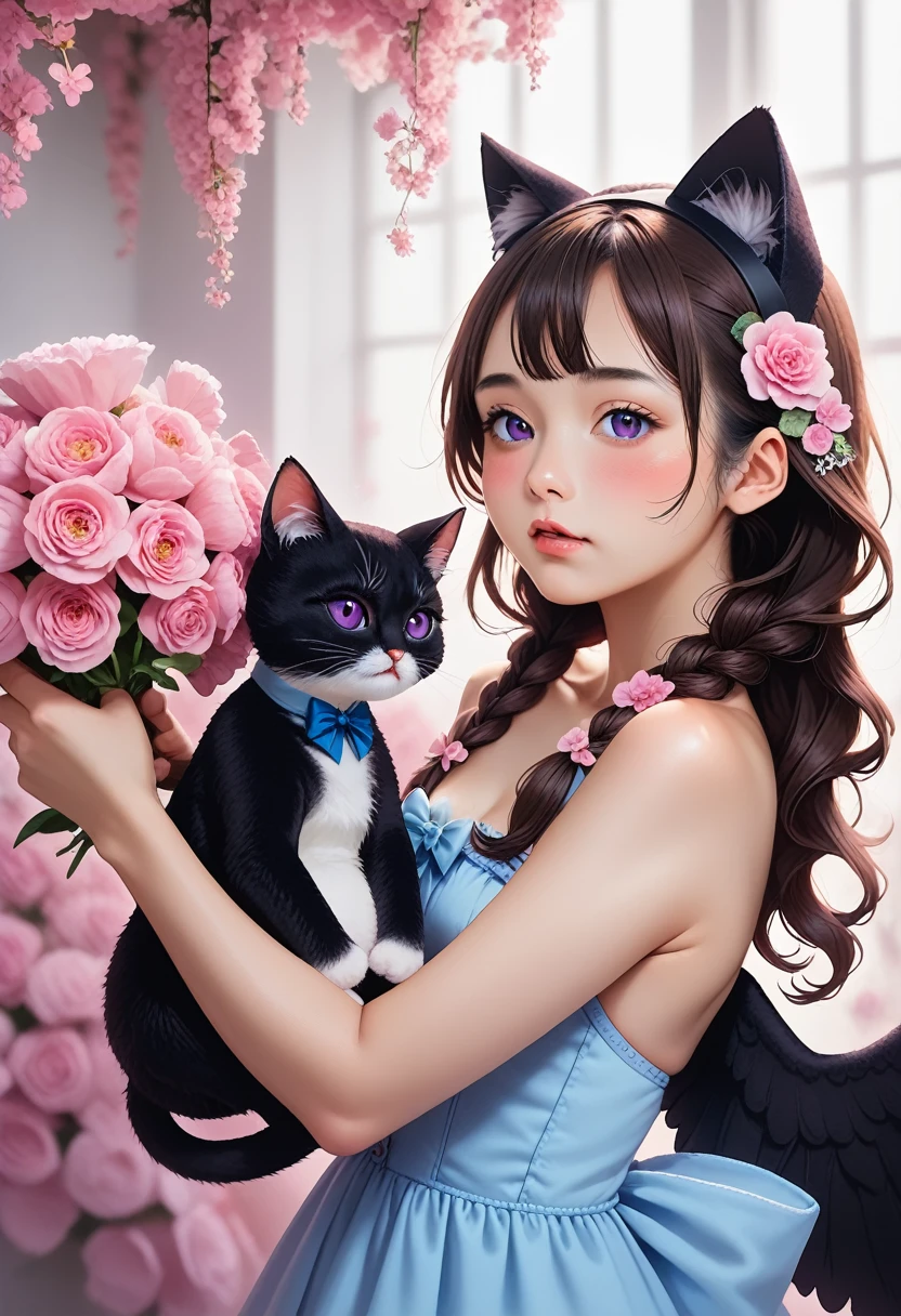  1girl, naked, animal ears,  purple eyes , brown hair, Wings, One, long hair, blush, cat ears, flowers,  Looking at the viewer, braids, meadows, dresses, pink flowers, meadows,  hair accessories, bang, cats, hair flower,  animal hair , holding,  virtual youtuber , blue bow, holding animal, catwoman, stuffed toy