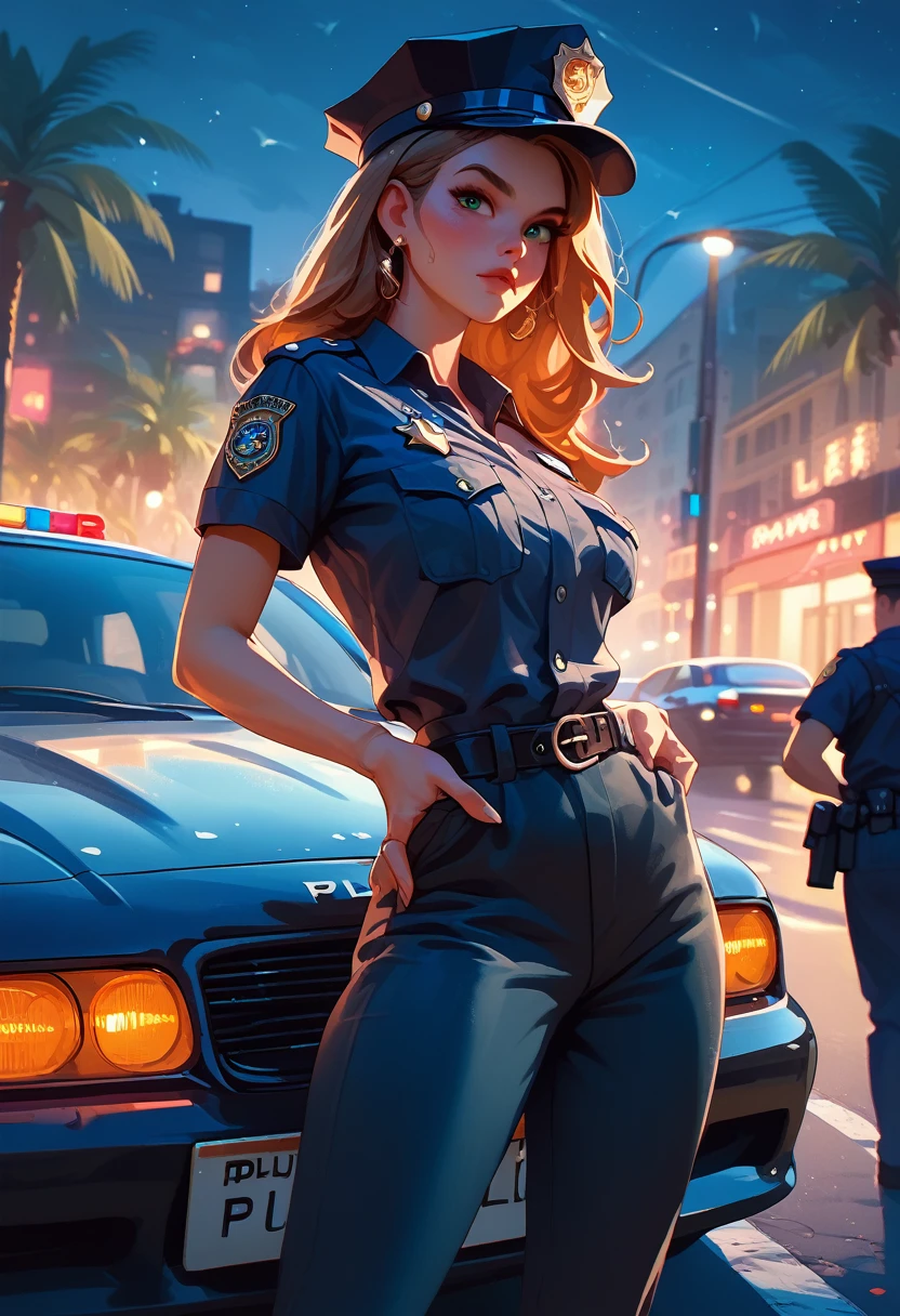 A woman standing beside a black police car on street, flashing warning light, night, police uniform black shirt and trousers , palm trees,