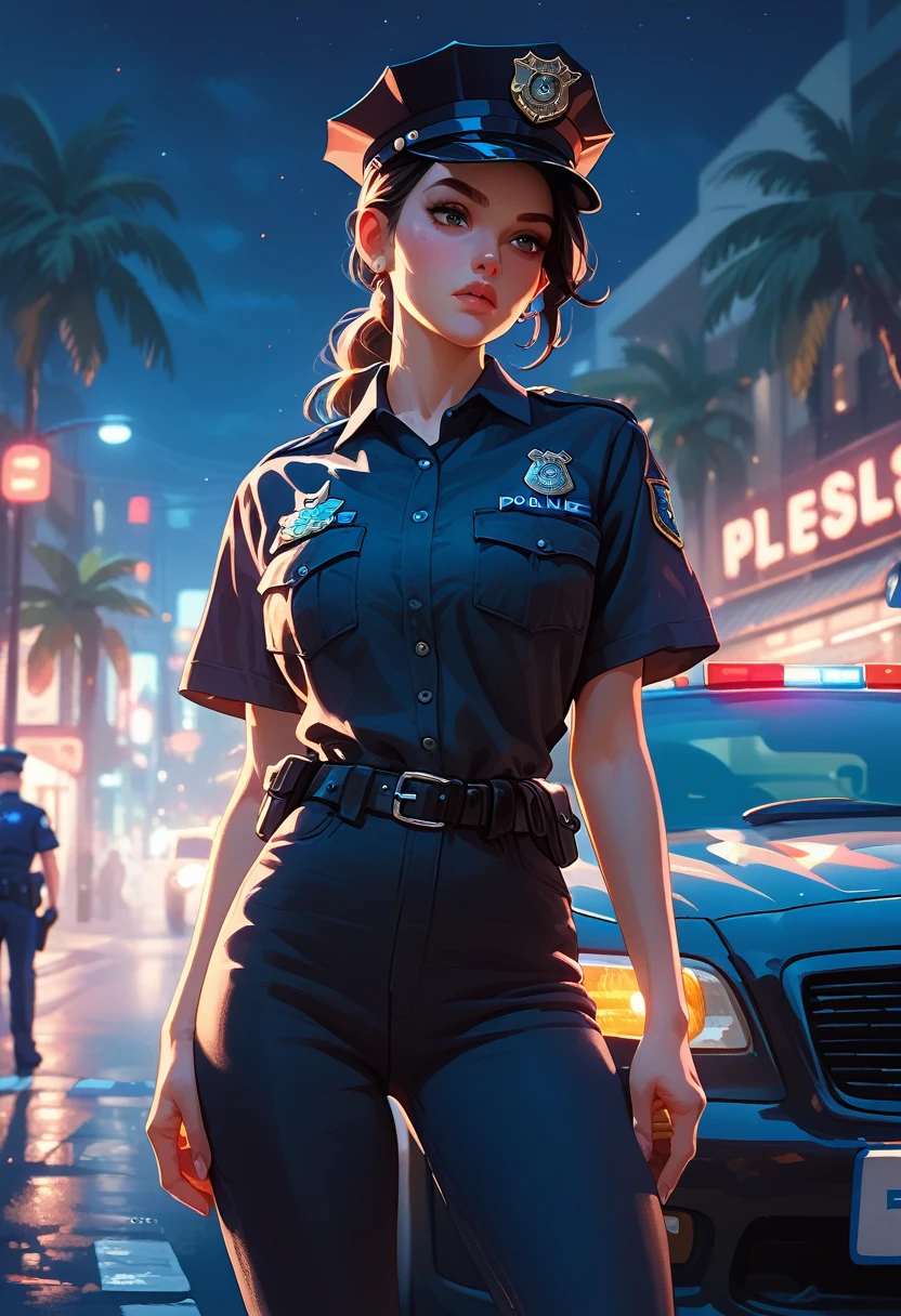 A woman standing beside a black police car on street, flashing warning light, night, police uniform black shirt and trousers , palm trees,