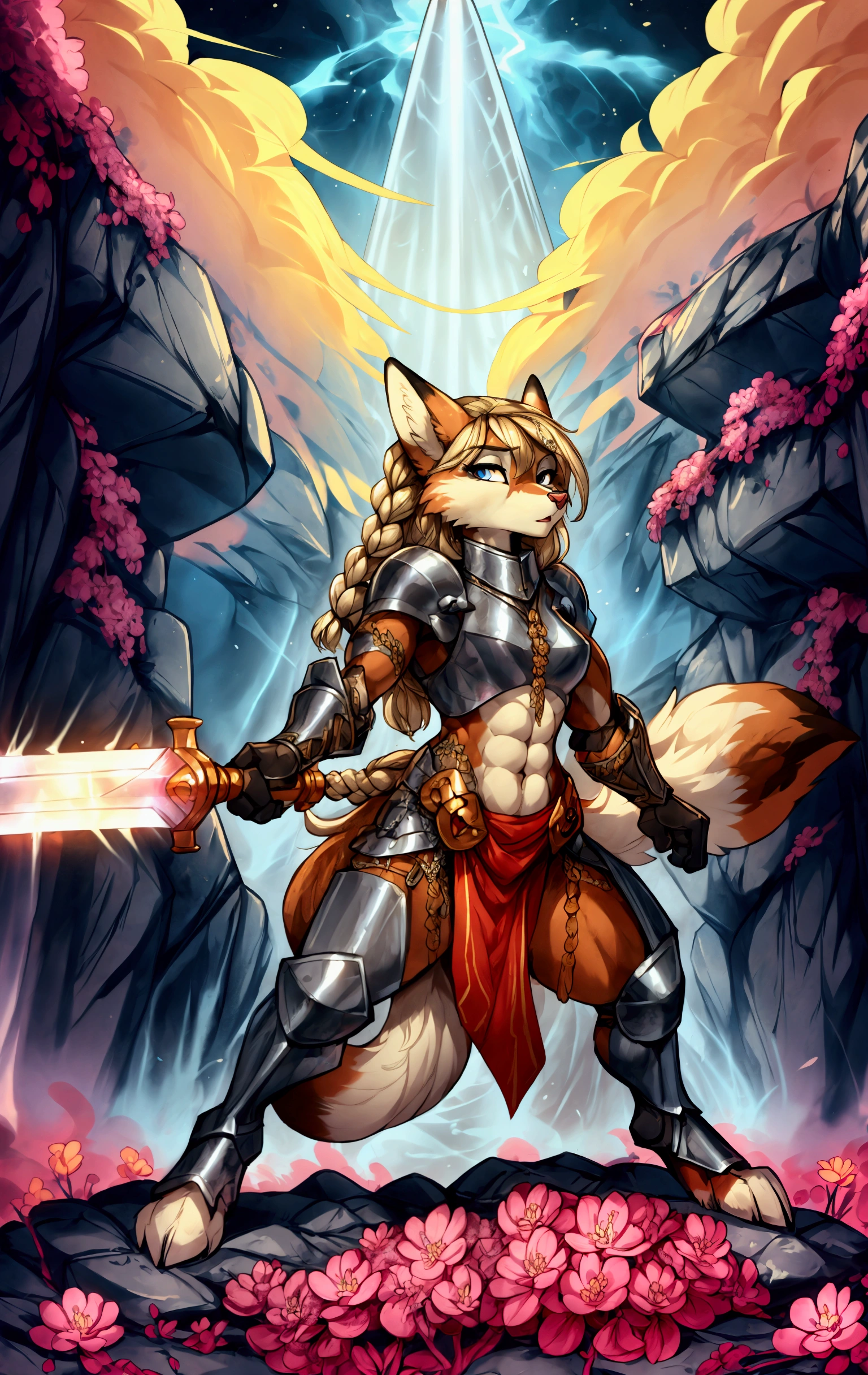 Anthropomorphic fox, female, knight armor, long flowing flowery braided blonde hairstyle, wielding a sword, ox guard sword stance, vibrant colors, fantasy battlefield background, muscular, well-toned abs, sexy,