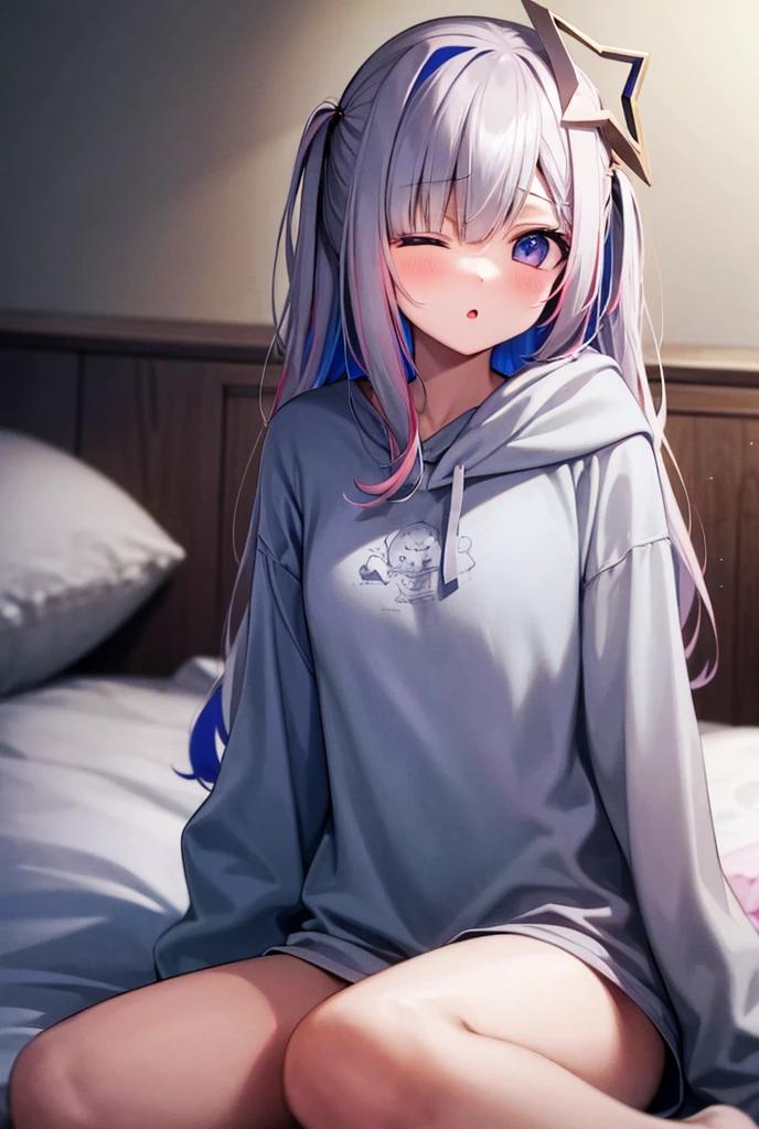 1 girl 、Waking up、In pajamas、One eye closed、 yawn
Above the bed、Sitting、pillow、pillowを抱いてる