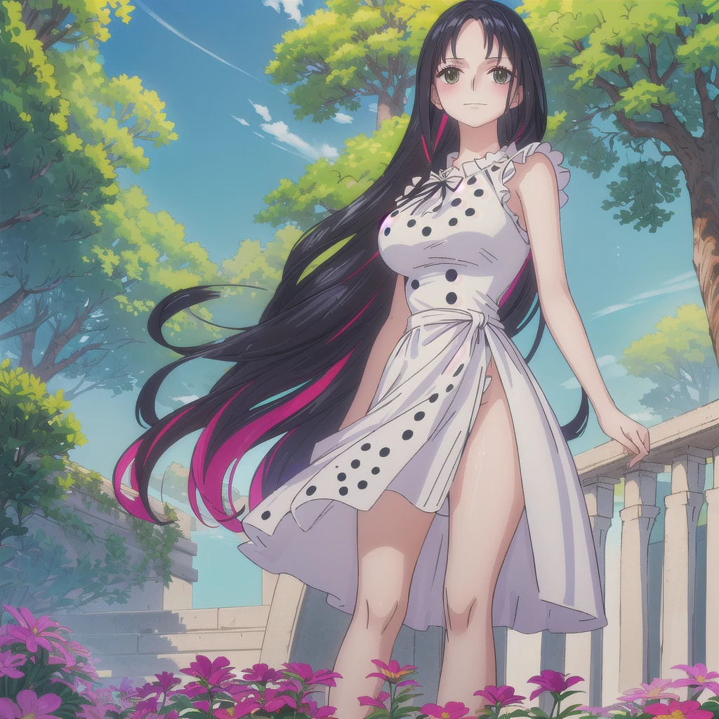 1 girl,  high resolution , long hair, Blush, Rice, black hair, brilliance, Action painting,  Anatomically correct , HD model, yellow dress,  strap dress, polka dot dress, dress with side slit, Underwear, gray eyes, light skin, shiny hair, wavy hair, hair in the wind, big breasts, Shame on the nose, happy/happy, Multi-colored hair, Raising eyebrows, bright eyes, sparkling pupils, Perspective, Vanishing point, simple background, Verdant skyline, garden, Alone, silhouette, sword, Pillarboxed, 