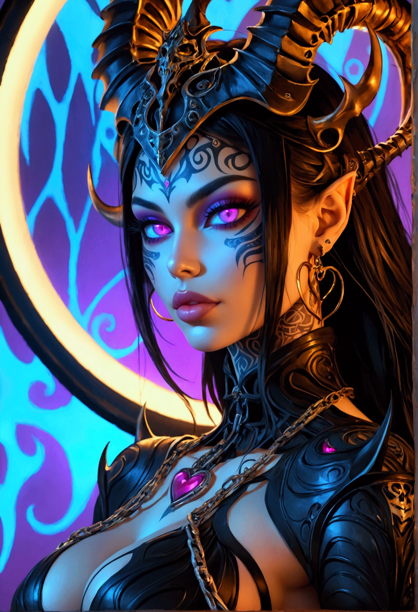 extremely detailed 8k wallpaper) +, an average photo of a woman with horns and purple flames, purple fire coming out of her head, beautiful elegant demon queen, portrait of a dark fantasy nymph, portrait of a female demon, with horns, real and menacing vision, lush horns design, digital fantasy portrait, cyberpunk city destroyed, detailed eyes, waist up Intricate, high detail, dramatic, best quality masterpiece, photorealistic, detailed, 8k, HDR, backlighting, flower, light sparkles, chromatic aberration, sharp focus