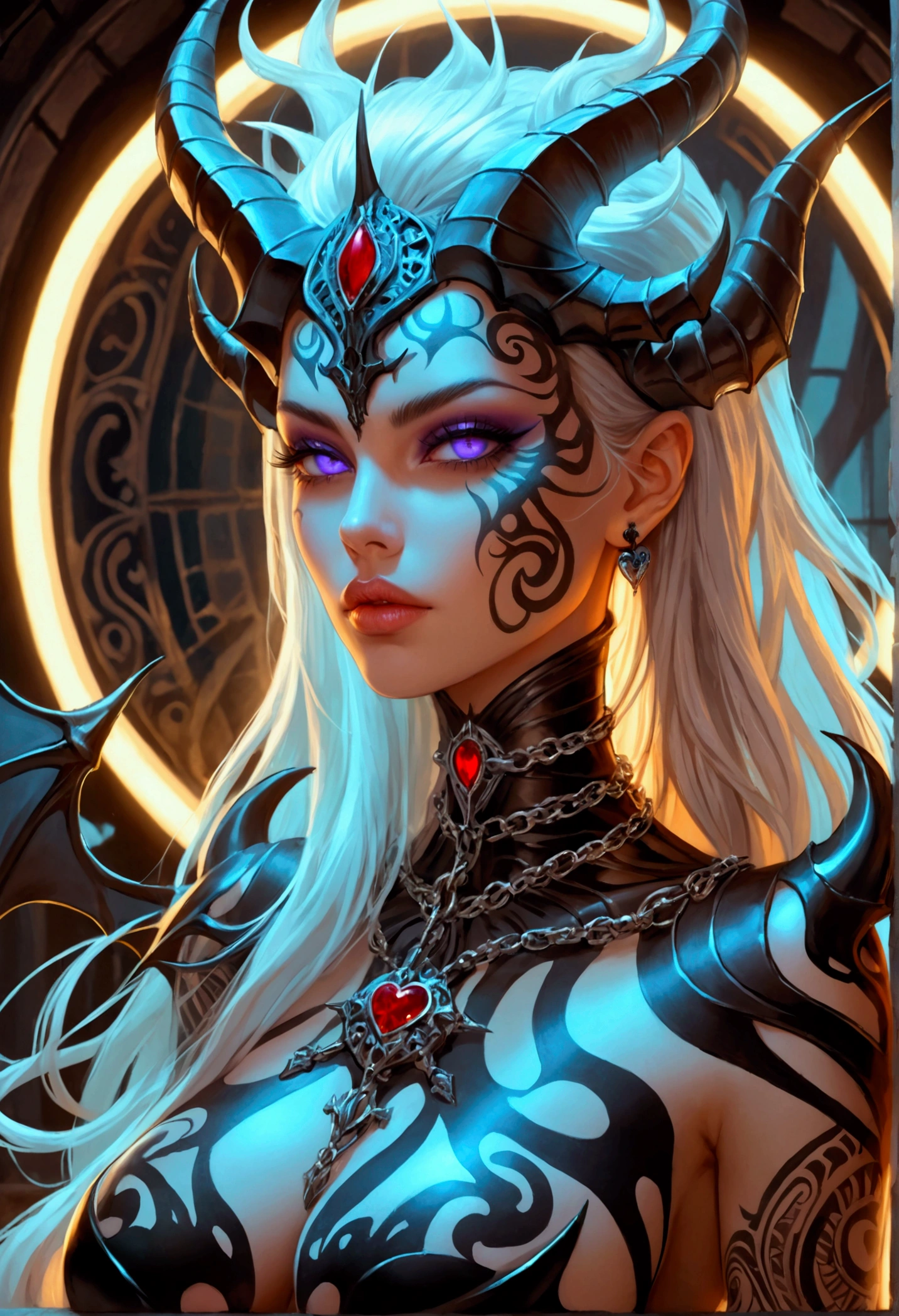 beautiful digital artwork, beautiful digital art, detailed beautiful face, 10k high quality detailed art, very beautiful digital art, digital art. highly detailed, beautiful detailed body, illuminated by a circular light that frames her head Create a hyper detailed photograph of a model perfectly simetrical hr giger tattooed curved drop dead gorgeous demon queen deathknight, Stunningly perfect gorgeous feminine face, realistic makeup, detailed vibrant neon sapphire eyes, long flowing hair, Gentle facial curves, Fuller cheek bones, Smaller and wider-set eyes, Less pronounced jawline, Symmetry perfection Proportion facial features, sexual curved heart shaped mouth, long beautiful tattooed legs, beautiful tattooed arms, perfect feminine curved body figure, detailed perfect silky skin texture, perfectly full round breasts, perfect heart shaped ass, beautiful long tattooed legs, full body, full view, fullbody pose, sexy deathknight armor chain Jewels, highlighted by a soft glow that enhances the dreamlike atmosphere.",
