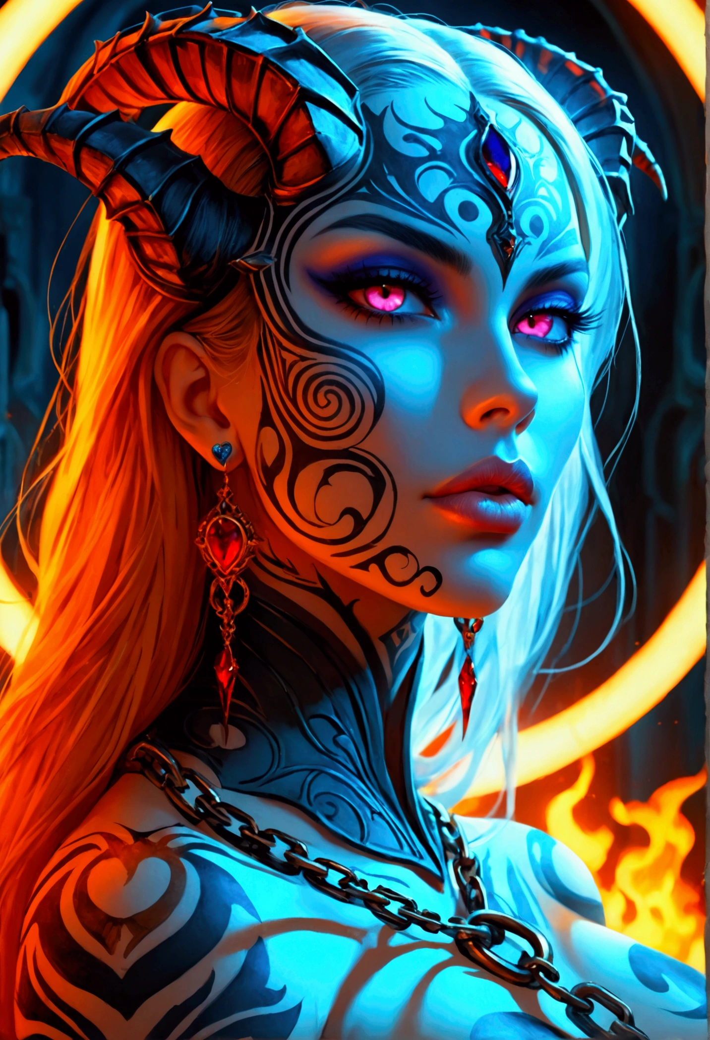 beautiful digital artwork, beautiful digital art, detailed beautiful face, 10k high quality detailed art, very beautiful digital art, digital art. highly detailed, beautiful detailed body, illuminated by a circular light that frames her head Create a hyper detailed photograph of a model perfectly simetrical hr giger tattooed curved drop dead gorgeous demon queen deathknight, Stunningly perfect gorgeous feminine face, realistic makeup, detailed vibrant neon sapphire eyes, long flowing hair, Gentle facial curves, Fuller cheek bones, Smaller and wider-set eyes, Less pronounced jawline, Symmetry perfection Proportion facial features, sexual curved heart shaped mouth, long beautiful tattooed legs, beautiful tattooed arms, perfect feminine curved body figure, detailed perfect silky skin texture, perfectly full round breasts, perfect heart shaped ass, beautiful long tattooed legs, full body, full view, fullbody pose, sexy deathknight armor chain Jewels, highlighted by a soft glow that enhances the dreamlike atmosphere.",
