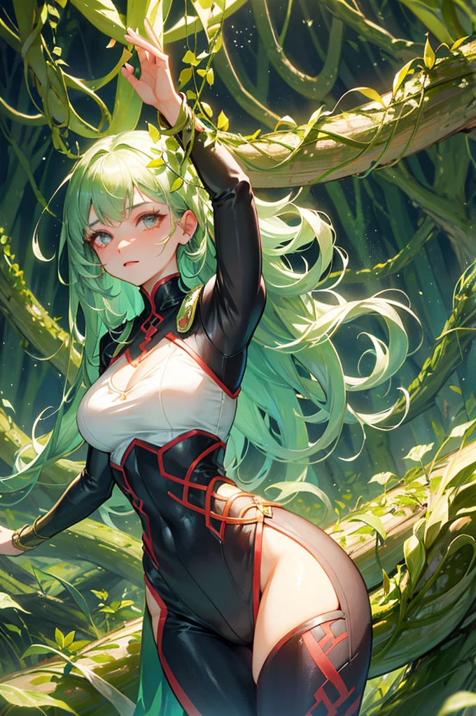 Flora is a creature with green skin and hair made of foliage. His eyes glow with a greenish tint,. She has clothes made of leaves that cover her entire body, plus she has vines that run through her body, giving her a dangerous and natural appearance. Powers: Flora has a deep connection to nature and the plant kingdom. It can control the growth of the plants around it by making them move, curl or attack. In addition, she is able to regenerate quickly, healing injuries and absorbing the energy of nature to strengthen her powers. cinematic pose, cinematographic light, cinematic shadow, ultra detailed, high resolution, perfect anatomy, well-used details, creative background