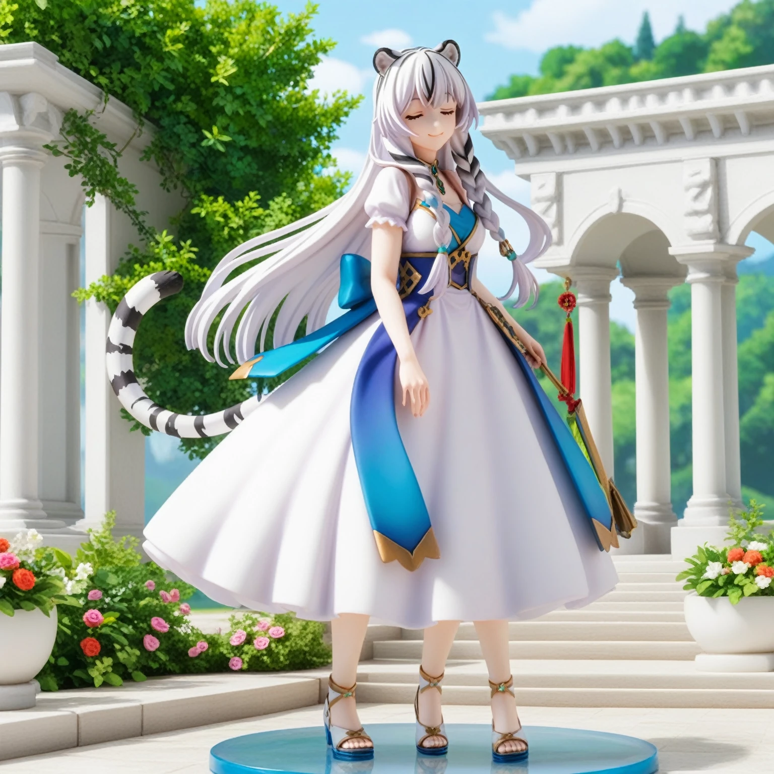 ((masterpiece)), 1girl, solo, long hair, ((Bud hair style)), white hair, two-tone hair, mature woman, full body, standing, ((lilac dress)), ((white dress)), ((multicolored dress)), smile, perfect slim figure, royal palace scenery, closed eyes, white tiger ears, white tiger tail. 