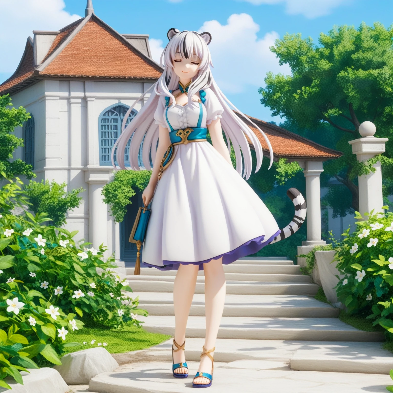 ((masterpiece)), 1girl, solo, long hair, ((Bud hair style)), white hair, two-tone hair, mature woman, full body, standing, ((lilac dress)), ((white dress)), ((multicolored dress)), smile, perfect slim figure, royal palace scenery, closed eyes, white tiger ears, white tiger tail. 