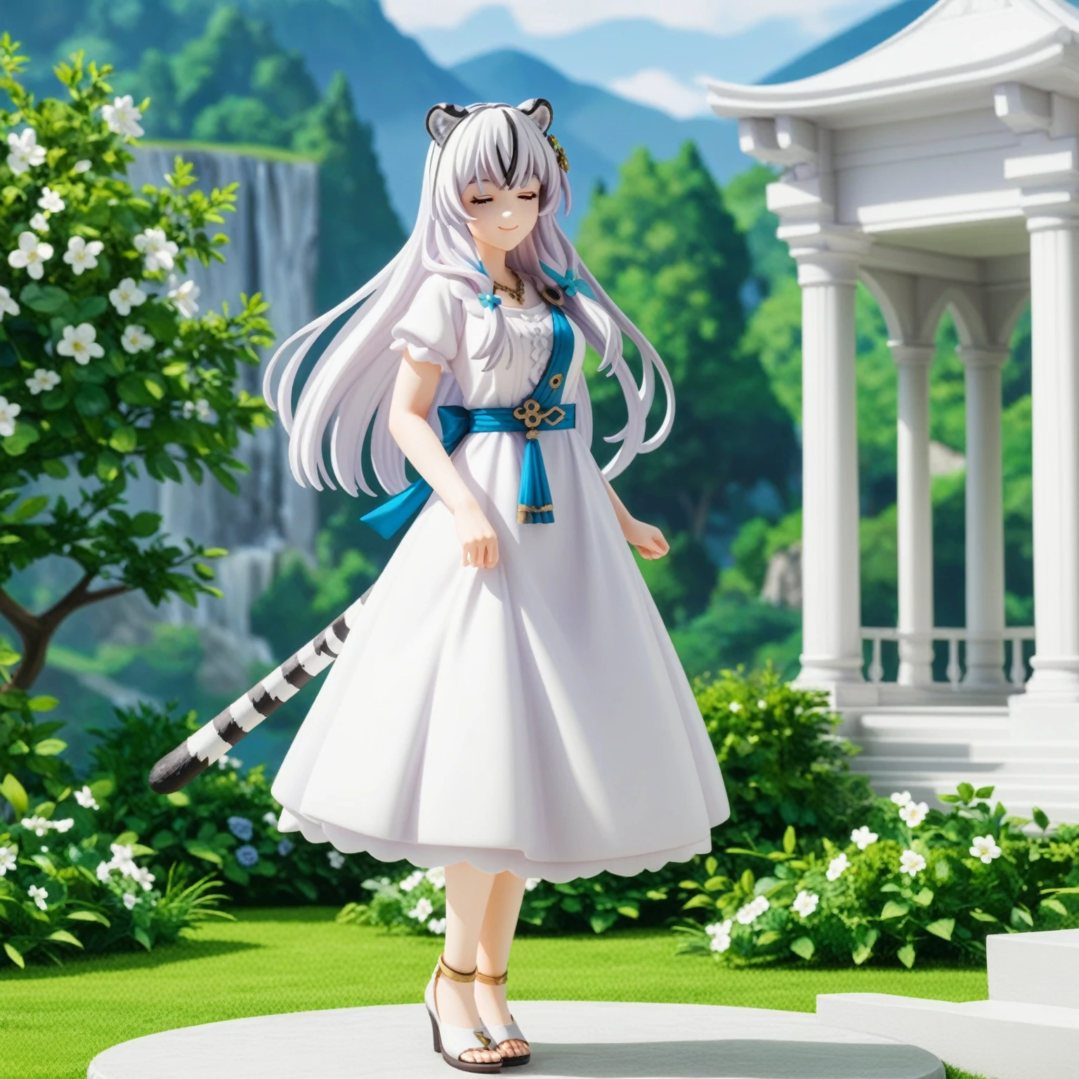 ((masterpiece)), 1girl, solo, long hair, ((Bud hair style)), white hair, two-tone hair, mature woman, full body, standing, ((lilac dress)), ((white dress)), ((multicolored dress)), smile, perfect slim figure, royal palace scenery, closed eyes, white tiger ears, white tiger tail. 