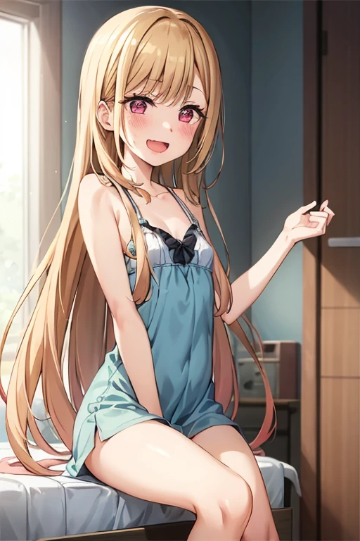 ((Best Quality)), ((masterpiece)), (be familiar with), Perfect Face, indoor, bedroom, Watching the audience,
One woman, Kitagawa Marin,
Open Mouth, Ecstatic expression, blush, smile,
Small breasts,  flat chest, , , , Girl,
Long Hair, Long Hair,
Leg spread,