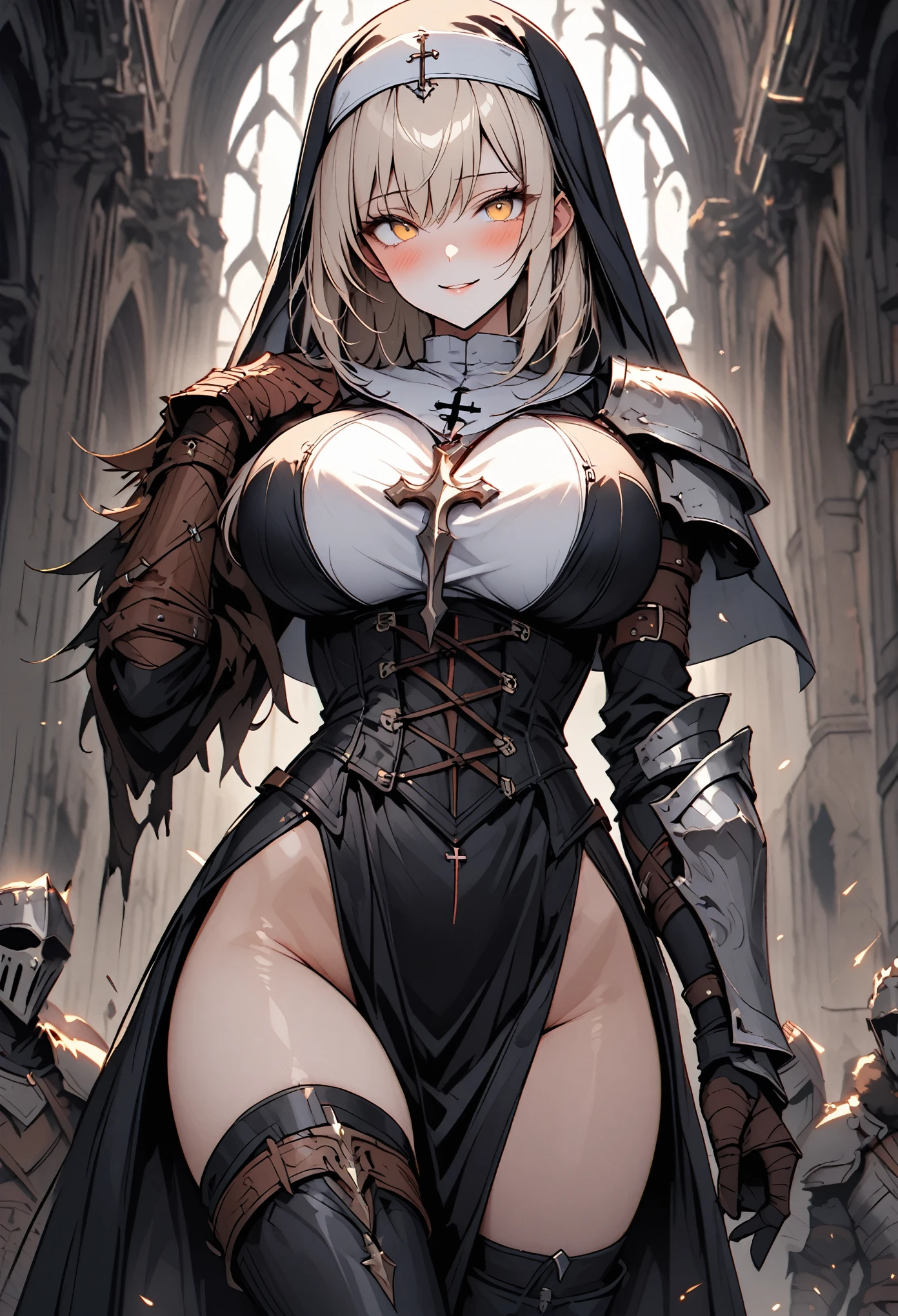 solo, female, tall, cowboy shot, nun habit, armor, knight, armor corset, thigh boots, yandere, huge breasts, very short hair, straight hair, platinum blonde, long legs, thighs, light yellow eyes, smile, cute hair bow, blush, aroused, open collar, fluttering clothes, looking at viewer, huge pauldron, asymmetrical armor, barbarian, curvaceous, bdsm apparel