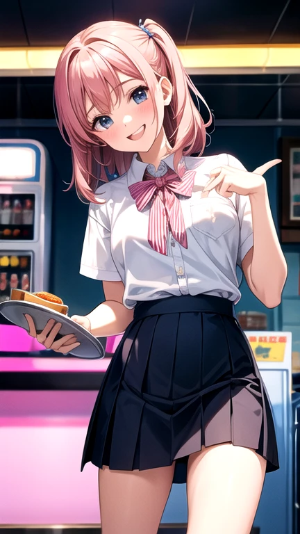 1 Female,High definition,high resolution,Ultra-realistic,8K, hy1, hair ornament, multicolored hair, necktie, skirt, sleeveless, school uniform, pink skirt, tight skirt,((miniskirt)), jewelry,European,sexy,Upper body close-up,Photographed from the front,Dynamic Angles,blush, medium tits , happy, wink the eye,facial, sweat,multicolored hair ,(holding a big birthday cake),(show cake),(happy birthday message),(from behind),(huge ass),(show ass),(black thong),(show thong),(skirt lift:1.5),(cute ass),(perfect ass)