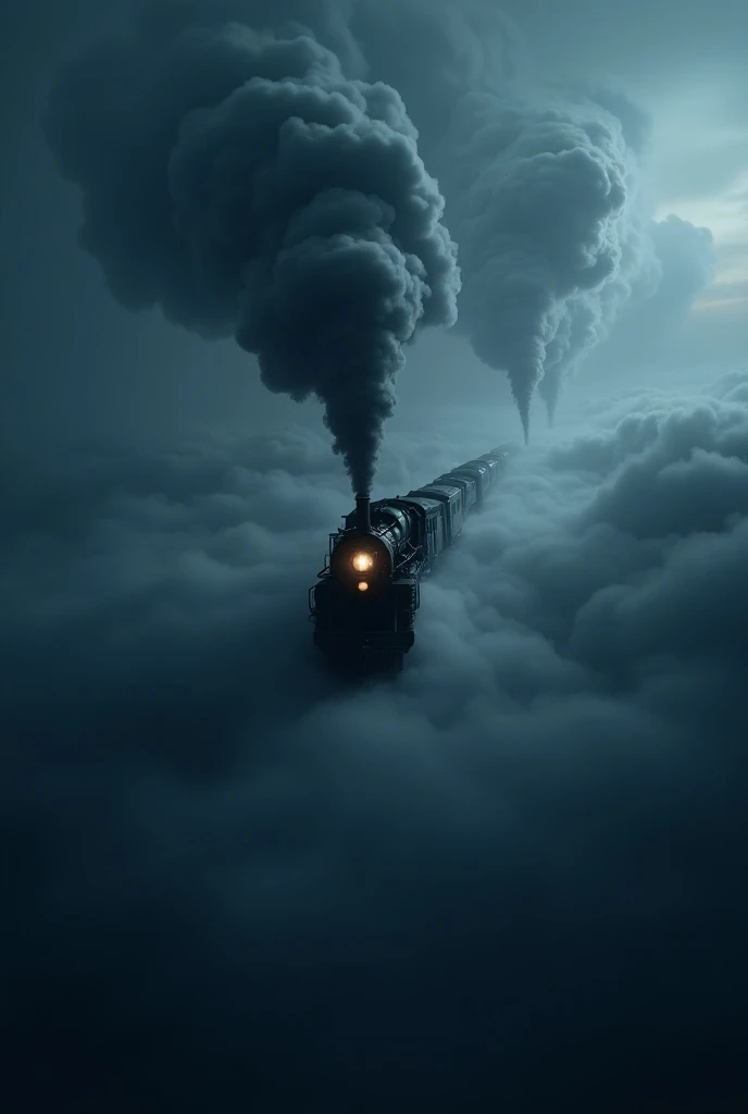 The train is driving through the night sky with lots of smoke in the clouds