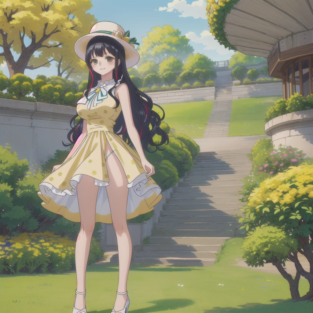 1 girl,  high resolution , long hair, Blush, Rice, black hair, brilliance, Action painting,  Anatomically correct , HD model, yellow dress,  strap dress, polka dot dress, dress with side slit, Underwear, gray eyes, light skin, shiny hair, wavy hair, hair in the wind, big breasts, Shame on the nose, happy/happy, Multi-colored hair, Raising eyebrows, bright eyes, sparkling pupils, Perspective, Vanishing point, simple background, Verdant skyline, garden, Alone, silhouette, Pillarboxed,  wide-brimmed hat ,  Yellow Mexican hat, yellow hat, high, high heels 