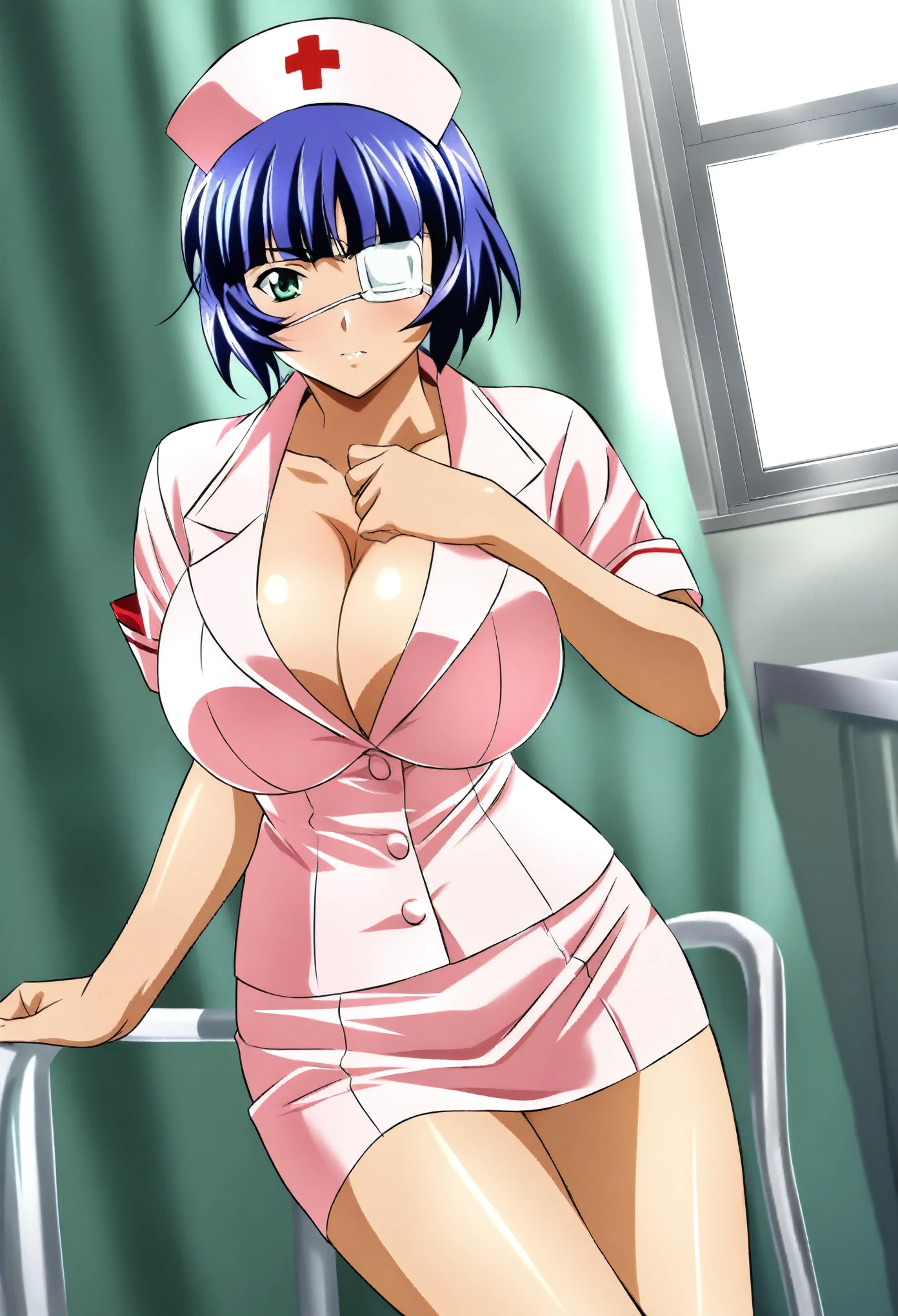 best quality, very aesthetic, absurdres, 1girl, ryomou shimei, ikkitousen,RIN-SIN(artist), huge breasts, cowboy shot, hospital, nurse cap, nurse, bulsh