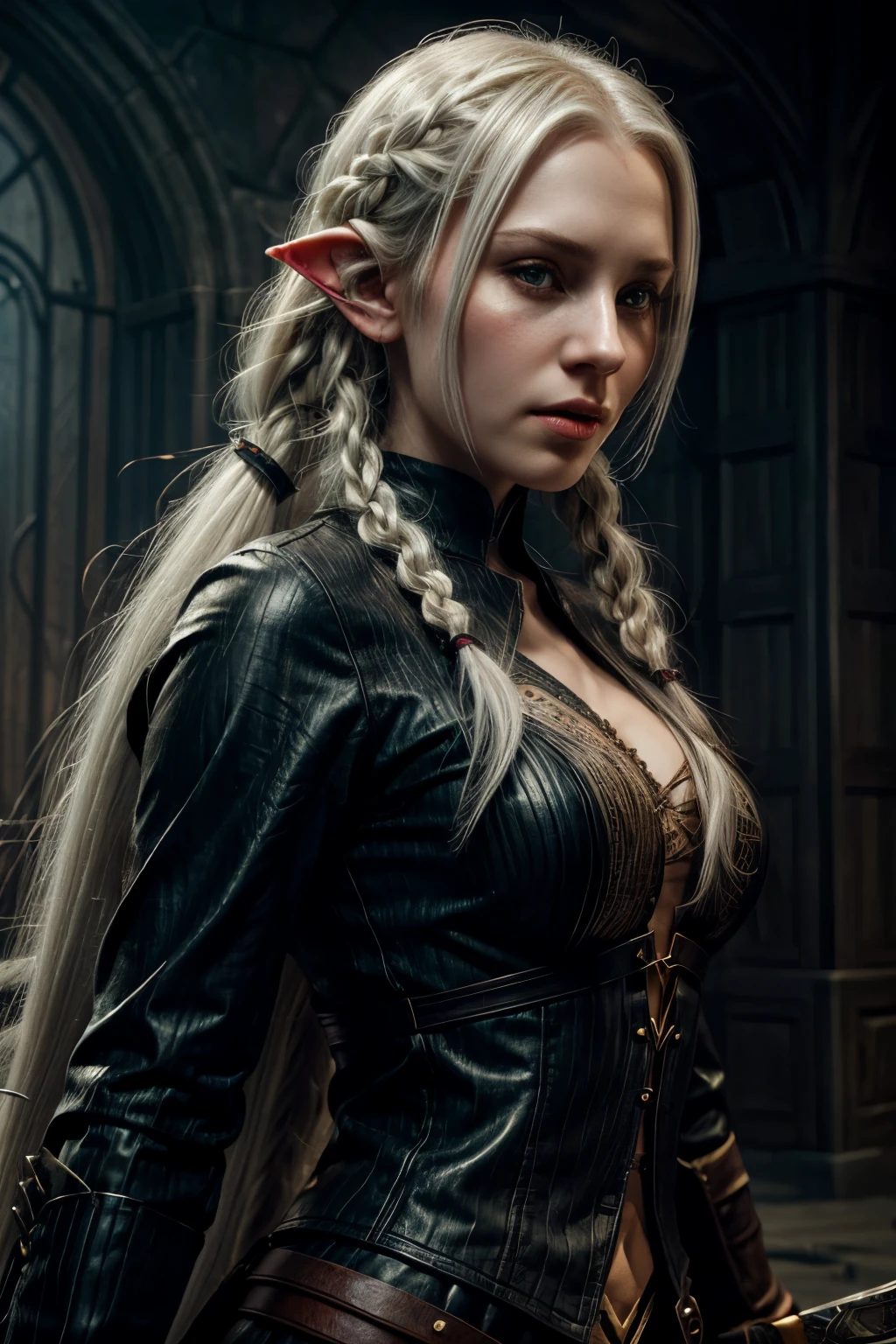 a blonde elf wizard Punk trad goth subculture gothic trad goth makeup punk post punk,a woman in latex, latex brassiere, chain, 18 year old, pale skin, long blonde hair, blue eyes, sexy expression, in a pub , camera focus on the face, dim light, tattoo, best quality, ultra higher, photorealistic, 8k, RAW photo,Sharp chin, photography, raw photo, masterpiece, extremely detailed photo, DSLR, photorealistic 1.4, ultra hi res, best quality, pink lips, perfect makeup, full body picture, tall, toned, busty, booty,