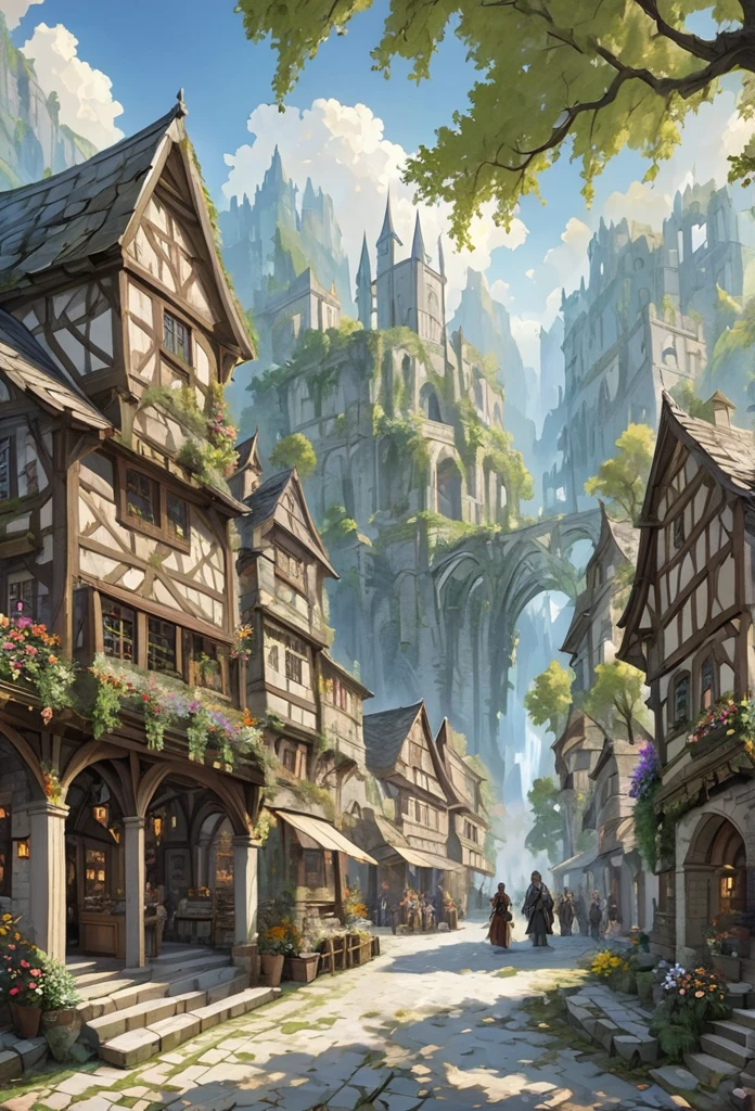 middle ages　 fantasyRPG landscape A stone cityscape　 many people　bard　bar