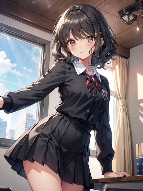 One Girl, solo,  On, (semi lomg hair:1.2),Black Hair, cute, 
smile,
sweat, Heart-shaped eyes,  nedium breasts, 
Half-closed eyes,Curly hair , 
View Viewer, From below, concentrated, 
Particles of light, My Room,
masterpiece, Best Quality,  anatomically correct, anime ,
viewing angle, Top girl, 
Whose, School uniform(The color of the uniform is black),